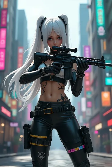 High definition photography, Hacker, bright face , Teenage girl, pretty white skin, Beautiful breasts, longhair, cyberware, tech-gear, Suit-futuristic, colorfulstyle, Cutting-edge, Modern Armor , openly, skinny leather pants,  Prosthetic-Sci-Space, with sn...