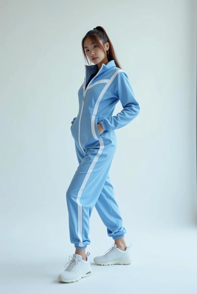 Create a ,  promotional jumpsuit with light blue colors and a little white 