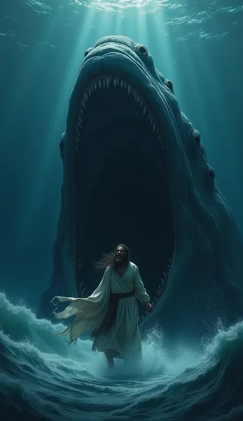 Jonah, a bearded, plainly dressed Middle Eastern prophet, is being swallowed by a massive whale. The scene shows Jonah in mid-air, falling toward the whales gaping mouth, which is open in the deep, dark blue water. The whales body is enormous, with smooth,...