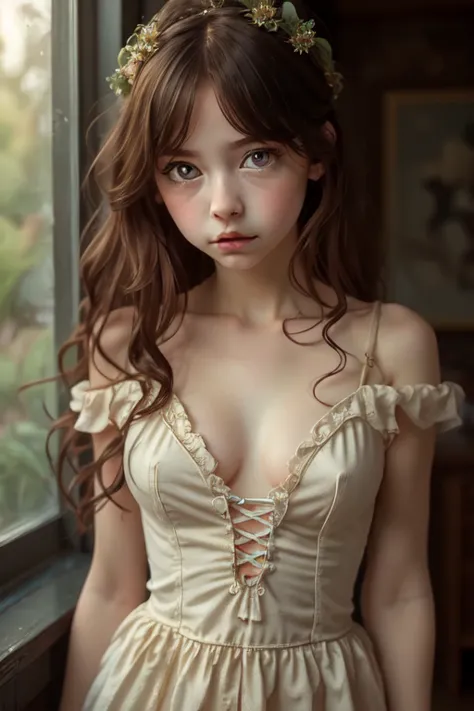 (masterpiece, best quality:1.2), 1 girl, pure devine pale skin, detailed, alone，big eyes，cute expression，portrait，dress, interes...