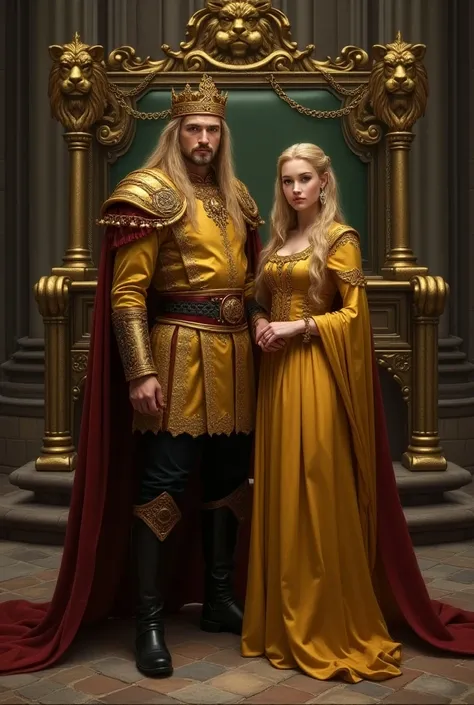 Generate an image of a King and his daughter. The is King is 40 years old. He is tall, lean, broad-shouldered and handsome. he has long golden-blonde hair and green eyes. he is dressed richly in a golden jerkin trimmed with red, black breeches and black bo...