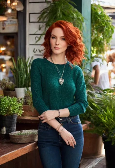 Triss Merigold, a 25-year-old woman with an ideal hourglass figure, a slim waist, and a full bust (size 4), stands confidently in a casual yet stylish outfit that reflects her warm, approachable personality. She wears a fitted emerald-green sweater that fl...