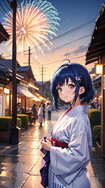 Yukata, Beautiful Girl, Boyish, Blue Hair, Short Festival, Fireworks, Date, Shy Love, Tall