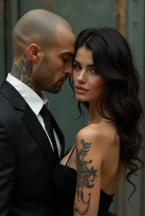 Un homme élégant crane raser avec un tatouage qui est écrit Jay dans le grand coup ,  accompagné dune femme brune aux cheveux ondulés avec un tatouage écrit Jax