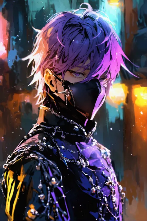 The purple-haired man with some white highlights ,  wears a mask with the symbol of a dagger covering his nose,  wears a black suit with silver ornaments and has two daggers 