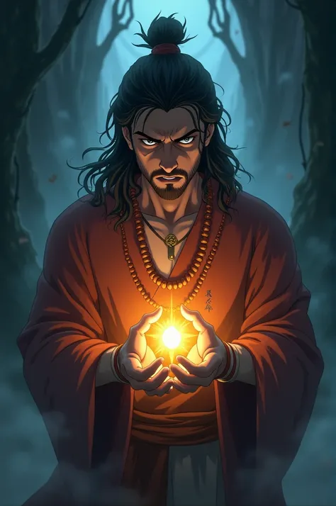 Anime-style scene of Baldevaan grasping a rudraksh mala around his neck tightly, his face filled with a mix of courage and fear. The mala emits a faint, mystical glow, illuminating his determined expression in the otherwise dark, shadowy setting. The atmos...