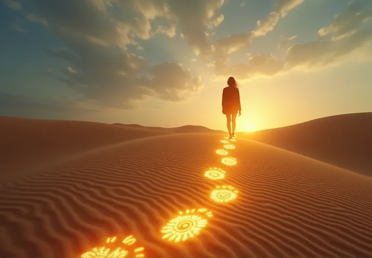 21. A person walking through an open desert, their footprints transforming into glowing symbols, each representing a past burden they’ve overcome, symbolizing the journey of self-transformation and growth through adversity.
