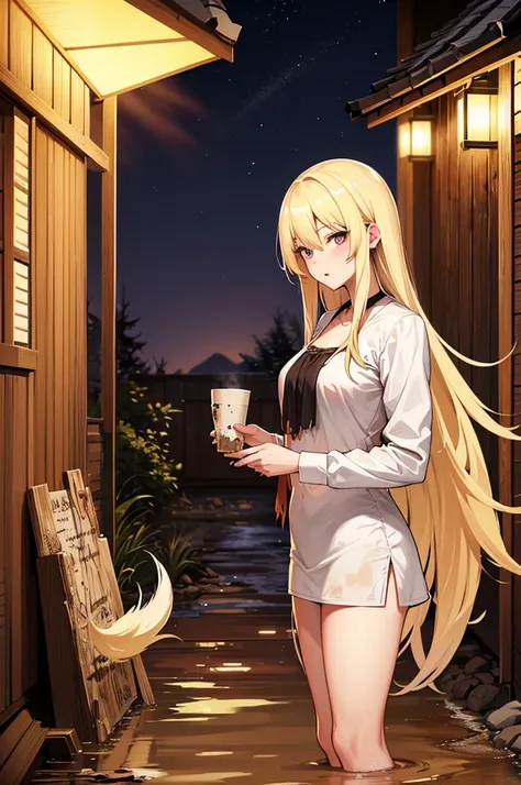 Feral blonde human-form kitsune woman, muddy, dirty, torn elegant clothes, night, behind rustic cabin