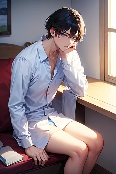 a beautiful boy sitting in a bedroom, wearing white long sleeve shirt and blue underwear, side view, ((beautiful eyes)), ((best quality)), (soft), ((masterpiece))