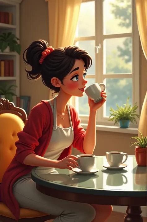 ((Mother drinking coffee)), ((on a glass table)), (Disney pixels), with her two ren