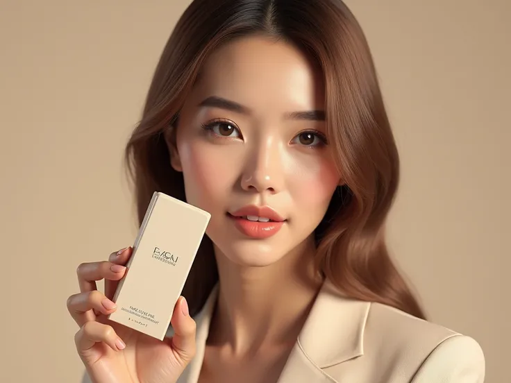 An elegant woman with straight hair and radiant skin holds a luxury cosmetic cream tube, conveying a sense of beauty and sophistication against a Beige Backdrop