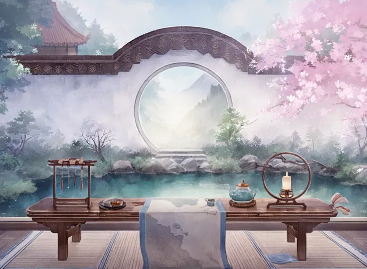  round arch on the right ， a large tree on the left ，  a long tea table in front of it，Mountain and river map table flag 