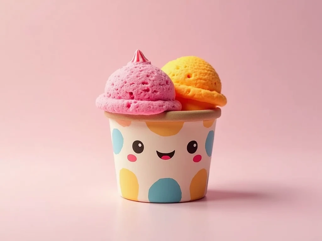 a cardboard cup decorated with ice cream with two balls, one with a strawberry flavor and the other with a passion fruit flavor