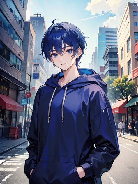 masterpiece, best quality, detailed, ultra detailed、High detail、upper body、Around town、A bustling downtown area、 young man in his 20s 、 blue hair, short hair style、Earrings、Wearing a hooded hoodie 、smile