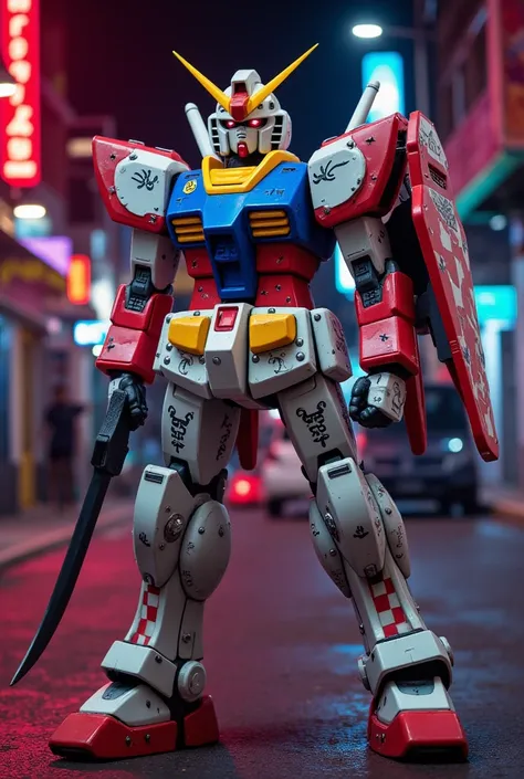 A Filipino-inspired Gundam blending ska punk, samurai, and Philippine cultural motifs. The armor combines a checkerboard pattern with the colors of the Philippine flag (red, blue, and yellow) and features liberty spikes on its helmet. Traditional Filipino ...