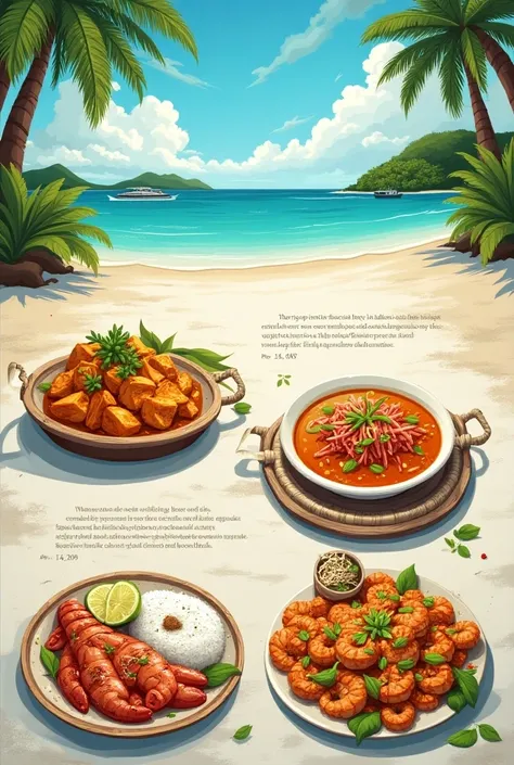 Make an page in which heading is dishes of Andaman Nicobar Islands and write
1.fish curry
2.grilled lobsters
3 coconut prawn curry 
And make it as creative as you can