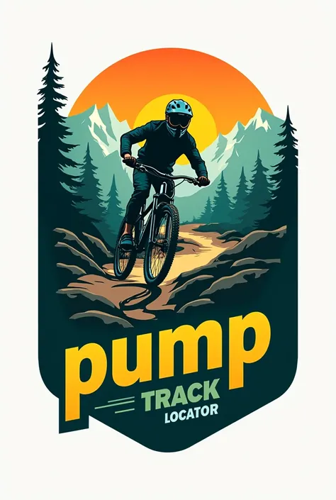 Create a bold and dynamic logo featuring a mountain biker riding through a rugged, scenic landscape with mountains and a dirt trail. The biker should be in an action pose, wearing a helmet, and the scene should have a vibrant, retro color palette. The back...