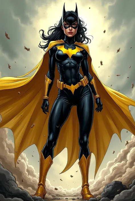 A ca𝙧𝙞𝙘𝙖𝙩𝙪𝙧 𝙢𝙖𝙣𝙜𝙖-style dynamic illustration of Batwoman standing tall amidst a gusty wind. His cape billows out dramatically, highlighting the intensity of the moment. Clad in his signature black and gold suit, Bat𝙬𝙤𝙢𝙖𝙣s fierce and focused expression conv...