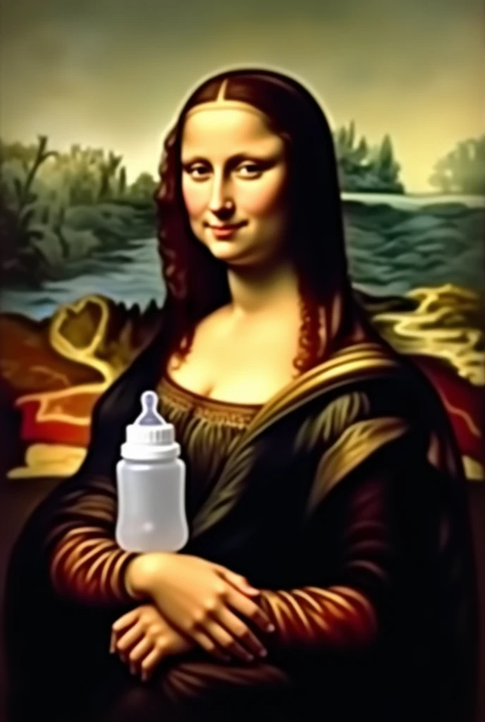 (Photorealism:1.2), Monalisa selling baby bottle advertisement