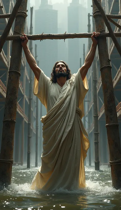 Jesus used both hands to support a very heavy scaffolding system at a flooded construction site.