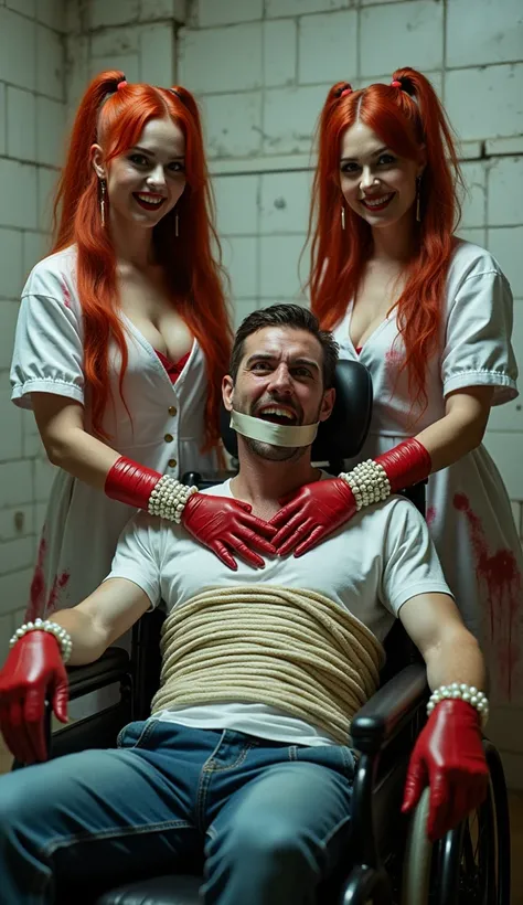 Two long-haired red-haired women with wavy ponytails, heavily made up with red lipstick and big eyes, both women wearing thigh white hospital gowns with blood stains with huge neckline (both women have big breasts) and leather skirt until knees. The women ...