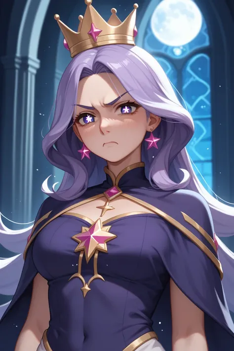 "The violet"
Traits:
[Charm]
[Charisma]
[Clever]
[Genius]
[High tier mana]

Colors: Purple haired, star eyes, thick hair, princess outfit, sharp crown with moons, annoyed look
Note:
The current emperor fell in love with the goddess of the moon resulting in...