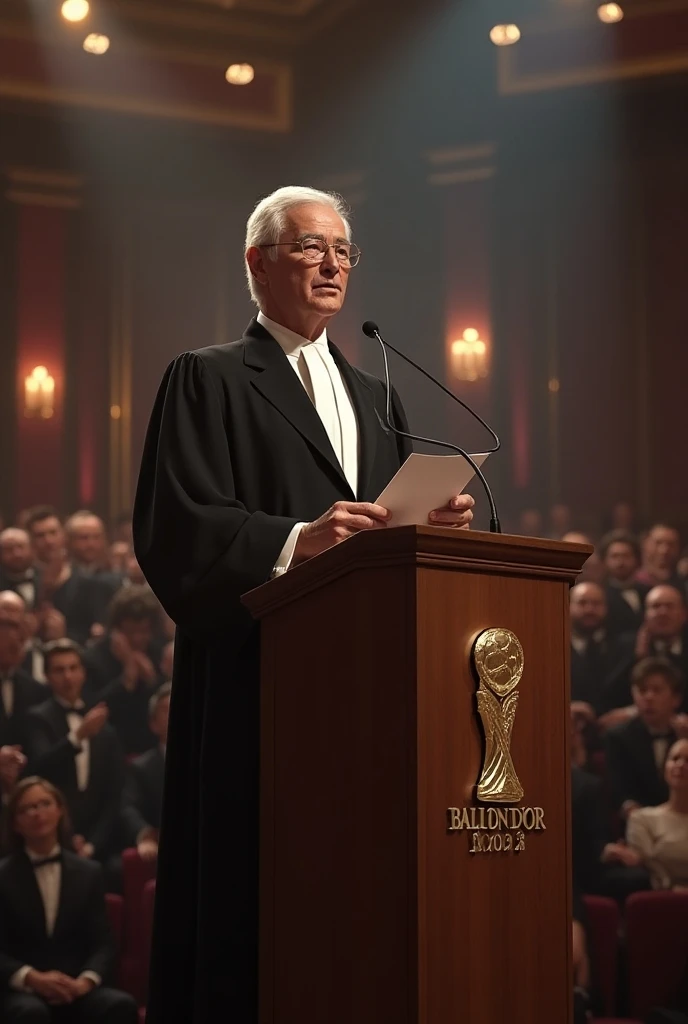 Ballon dor judge announcing the winner of ballon dor 2025 as Antony,Catching a paper,with a mic