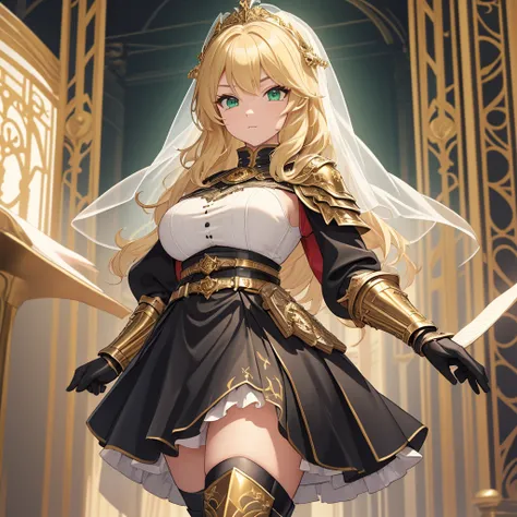 masterpiece, Best Quality,(((pure white short veil))),((Black princess knight leather armor with rich golden ornaments, red cloak,Tall woman)), (huge breasts), Bust-length blonde ,wavy hair,Pale skin, serious expression,(((Green Eyes,  detailed eyes))),Bel...