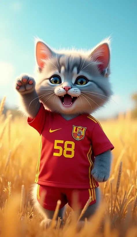 "A cute grey kitten standing in a field, wearing a red soccer jersey with a yellow and red badge similar to Spains flag and the number 58 on it. The kitten has an excited expression, raising one paw with a cheerful look. The background features a field wit...