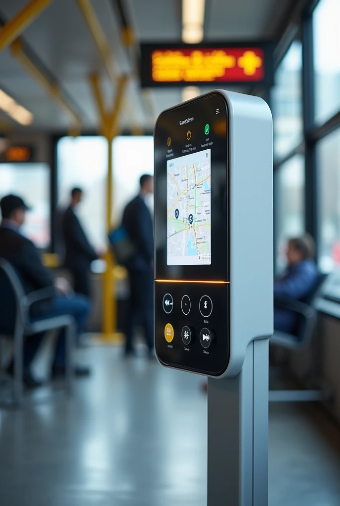 crie um storybord de "  The prototype is an intelligent sound signaling system consisting of sound devices at stops and inside buses,  to issue automatic announcements for lines and next stops ,  with tactile buttons for the visually impaired to interact w...