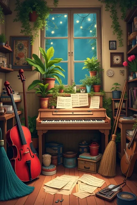  Imagine a music-themed life scene .  The image is full of music-themed objects and details. In this picture ,  3 brooms are hidden 