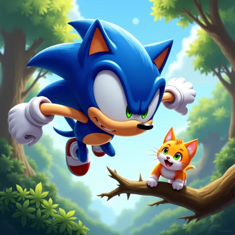 "Sonic makes a big jump ,  flying with agility to the branch where the kitten is trapped,  with a concentrated expression ."