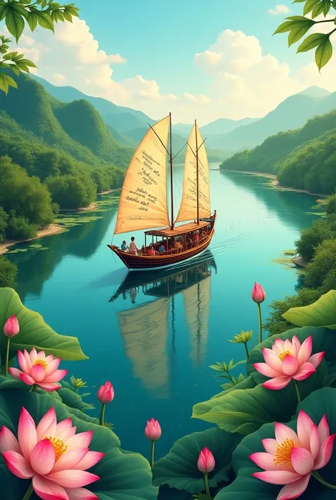 draw a picture  , newspaper on the theme 20 /11,  featuring a big boat on the water  ( selling Vietnamese goods in the shape of an S {x} to record the poetic content on the sail of the boat with a note of a good poem or good wishes)  Around the boat with t...