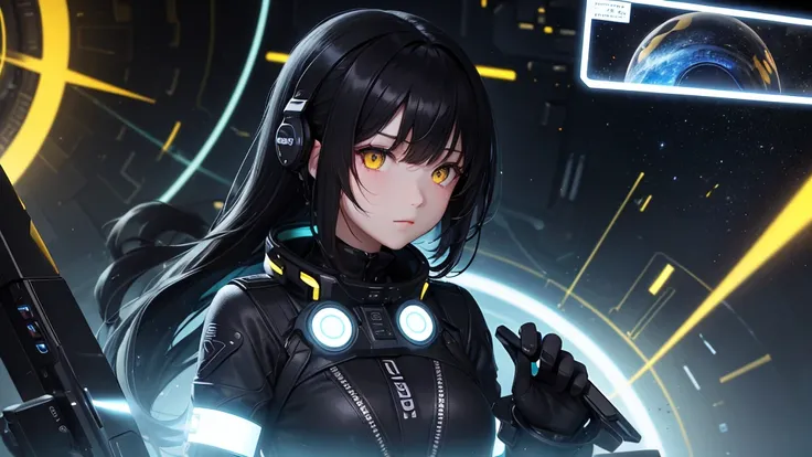 from future intelligence, technology background, complex mission, sudden mystery, unexpected result, unknown variables, strange data, confident look, space black pioneer dress, yellow eyes, black hair