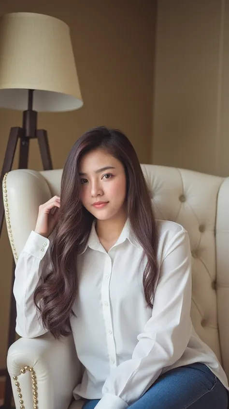  1 girl, Solo, Long hair, Korean, beauty face,   high-resolution ,  Masterpiece, qualityที่ดีที่สุด,  high-profile room, quality, Bokeh, Film Grain, Wear a white shirt with long sleeves, 