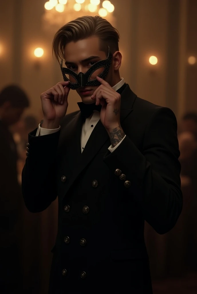 imagine Victor, a handsome adult man standing amidst dim, ambient light, his gaze piercing yet calm as he holds a sleek, ornate masquerade mask just before his face. In a splendid banquet night scene, His long, beautifully sculpted fingers grip the mask’s ...