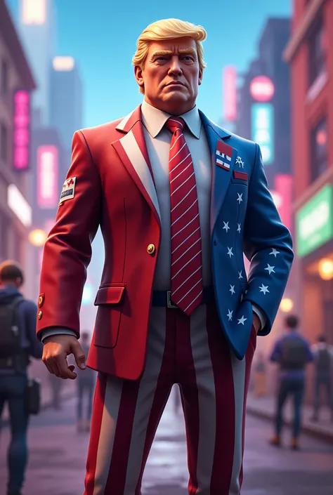 Donald Trump version fortnite avec des habille de la couleur des USA