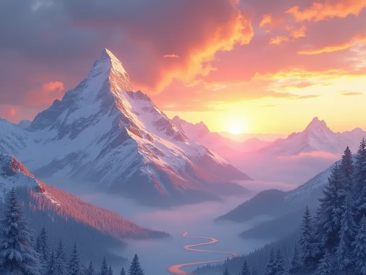 Sunrise over snowy mountains