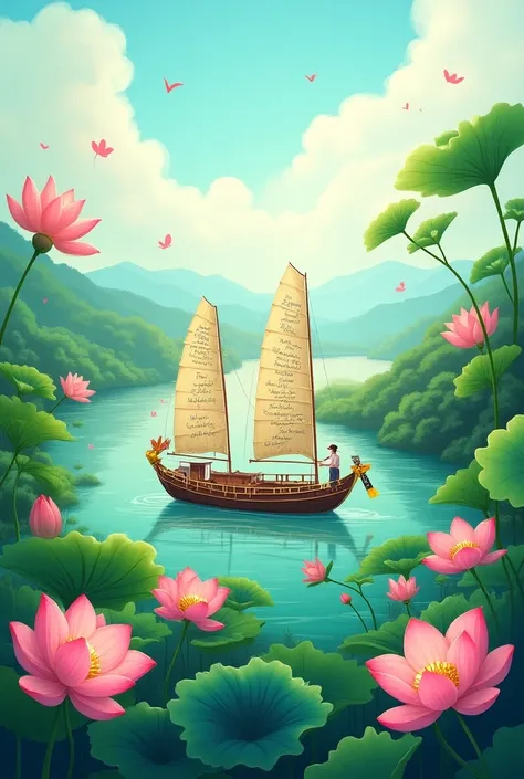 draw a picture  , newspaper on the theme 20 /11,  featuring a big boat on the water  ( selling Vietnamese goods in the shape of an S {x} to record the poetic content on the sail of the boat with a note of a good poem or good wishes)  Around the boat with t...