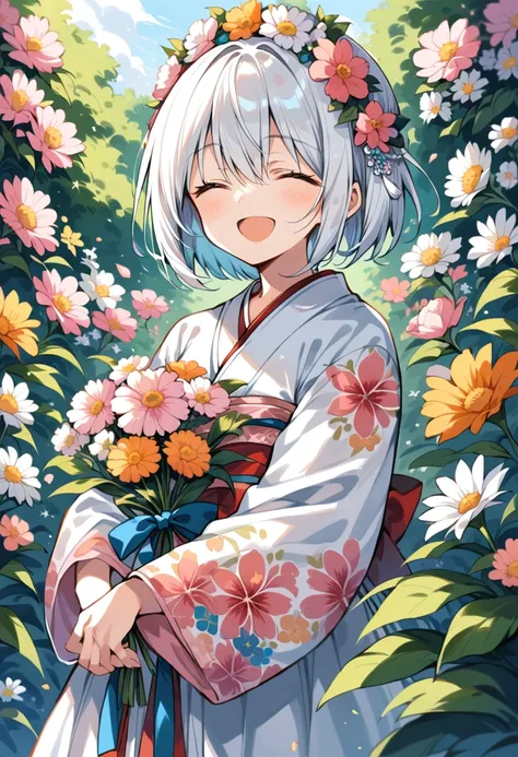  1 cute girl ,  2D ，surprising, White hair, Girl Girl , flower headdress , a very bright smile,  laugh, open mouth, close ones eyes and smile, Hanfu, White clothing ,  Clothes with pink flower patterns, soft 눈빛, Short hair, soft,  martial arts style ,  bea...