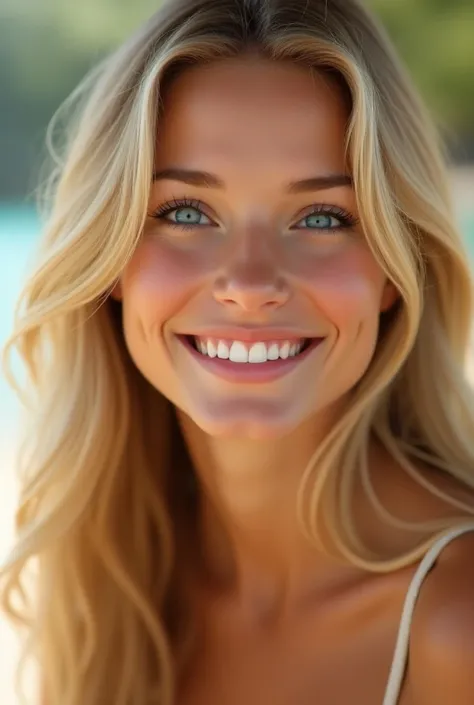 Face of a blond woman smiling 