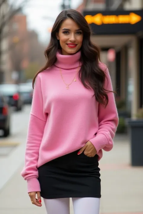 beautiful fit athletic tanned hispanic woman, age 19, thick wool over sized pink turtle neck sweater, black micro skirt, white opaque tights, standing on a busy street in Texas, very long length brunette hair, full body view, hourglass figure, red lipstick...