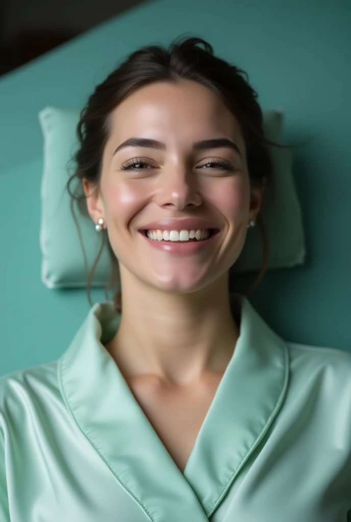 the womans face is joyful after a facial massage, brunette, wearing a light-coloured green silk dressing gown. Blue colours prevail in the beauty parlour. professional photo,5k, ISO 200, f/2.8, 1/80s, 25mm lens, high resolution, 4k, realistic