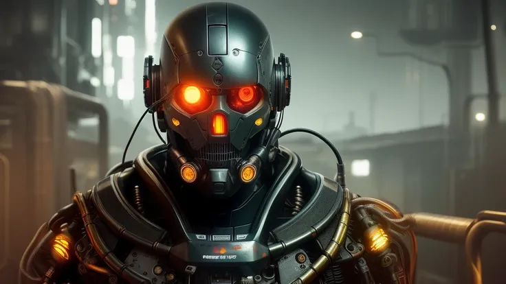 a cyborg man, exposed wires, gold oil leaking from rusty wires, detailed face, detailed mechanical parts, intricate details, dark moody lighting, cinematic composition, dystopian sci-fi, gritty industrial, metallic textures, chiaroscuro lighting, muted col...