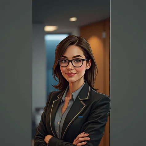 Woman  , customer service representative ,with business attire with blue detail, brown hair with blonde highlights to the shoulder ,brown eyes with black glasses , white background , 