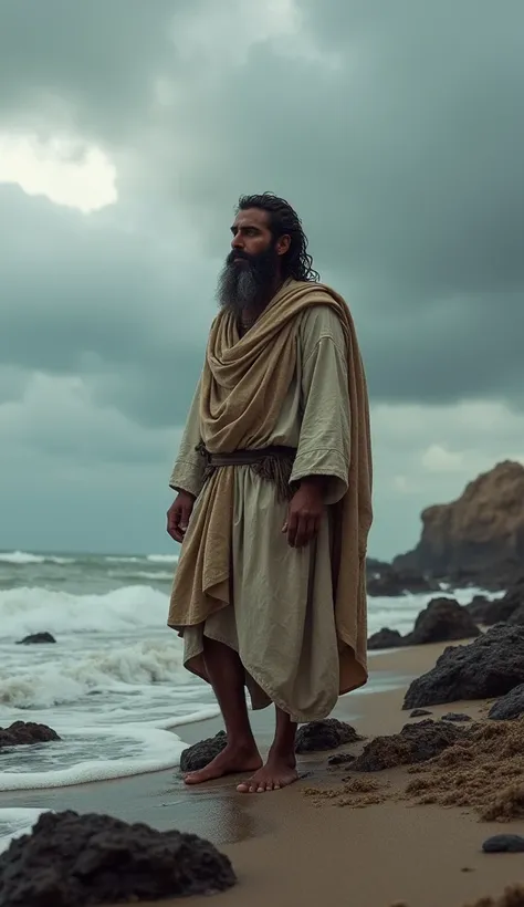 Jonah, a bearded, plainly dressed Middle Eastern prophet, stands on dry land, looking exhausted and disheveled after being spit out by the whale. The scene captures him on a rocky beach, the sky covered in dark clouds as he gazes ahead with a thoughtful, h...