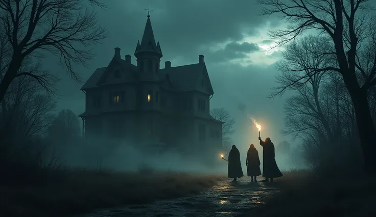 It is night time, a large, dilapidated mansion is visible in the distance surrounded by dense trees and gray clouds.  Three ren are moving towards the mansion with a torch.