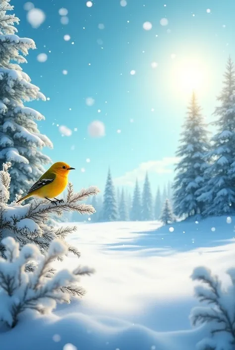 Blue sky ,  snow on Earth ,  sun behind the trees,  a yellow bird 