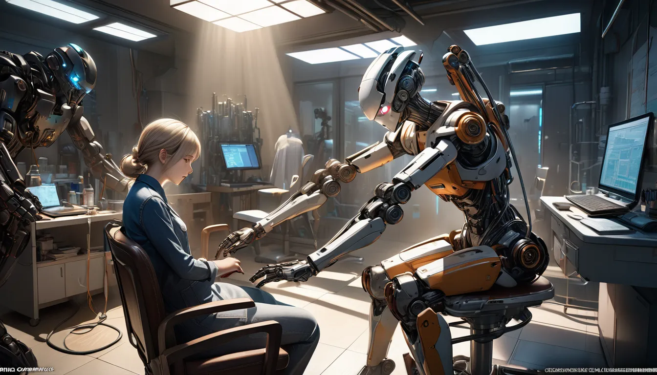 In a dark and eerie mechanical clinic a realistic android sits in a chair as its face parts are being swapped with those of another android, The scene highlights the moment of face exchange with mechanical arms delicately handling the intricate operation, ...