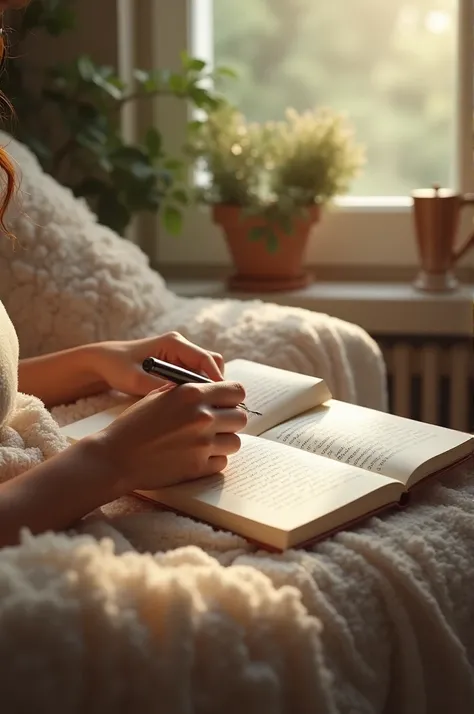 A person writing in a gratitude journal, listing things they are thankful for despite challenges. The setting is bright and calm, with natural light spilling onto the journal and pen. The background is a cozy, peaceful space with small touches like a plant...